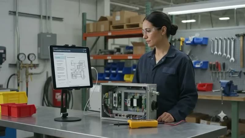 A technician at a workbench with an open control cabinet, a tablet beside her showing a maintenance checklist